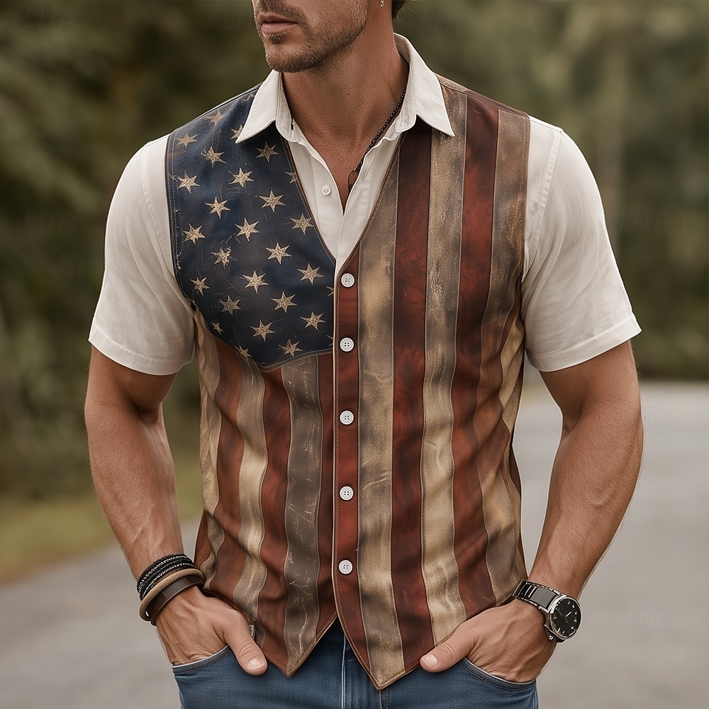 Voor heren 4 juli, 250e verjaardag van de VS Amerikaanse vlag Nep 2-in-1 vest Overhemd Westers overhemd Overhemd met knopen Korte mouw Vaderlandslievend Feestdagen Zomer Lente Strijkijzer 2026 - $25.99 –P1