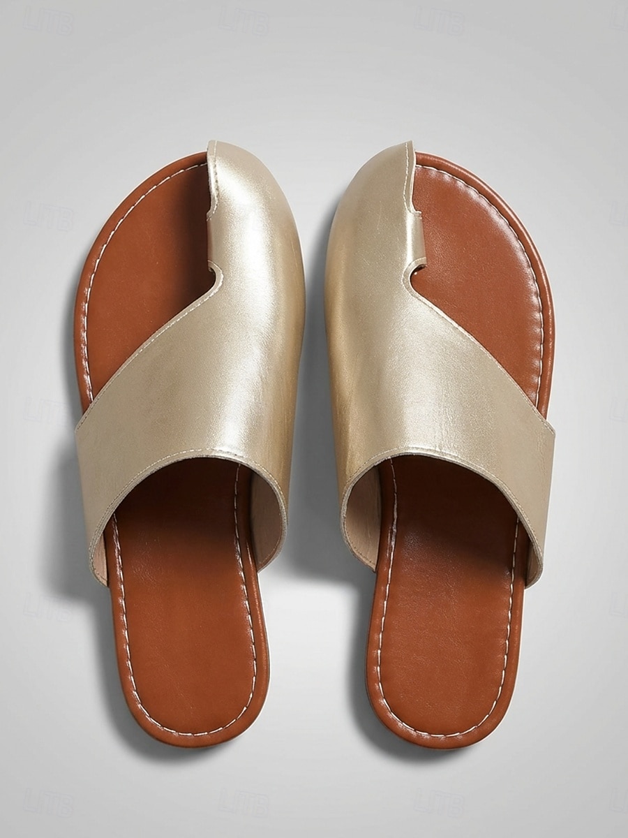 2026年 レディースメタリックゴールドスリッポンサンダル - スタイリッシュな不規則なカットアウトデザインのフラットスライド。カジュアルな外出、ビーチウェア、毎日の快適さに最適。  コレクション – $18.99 –P1