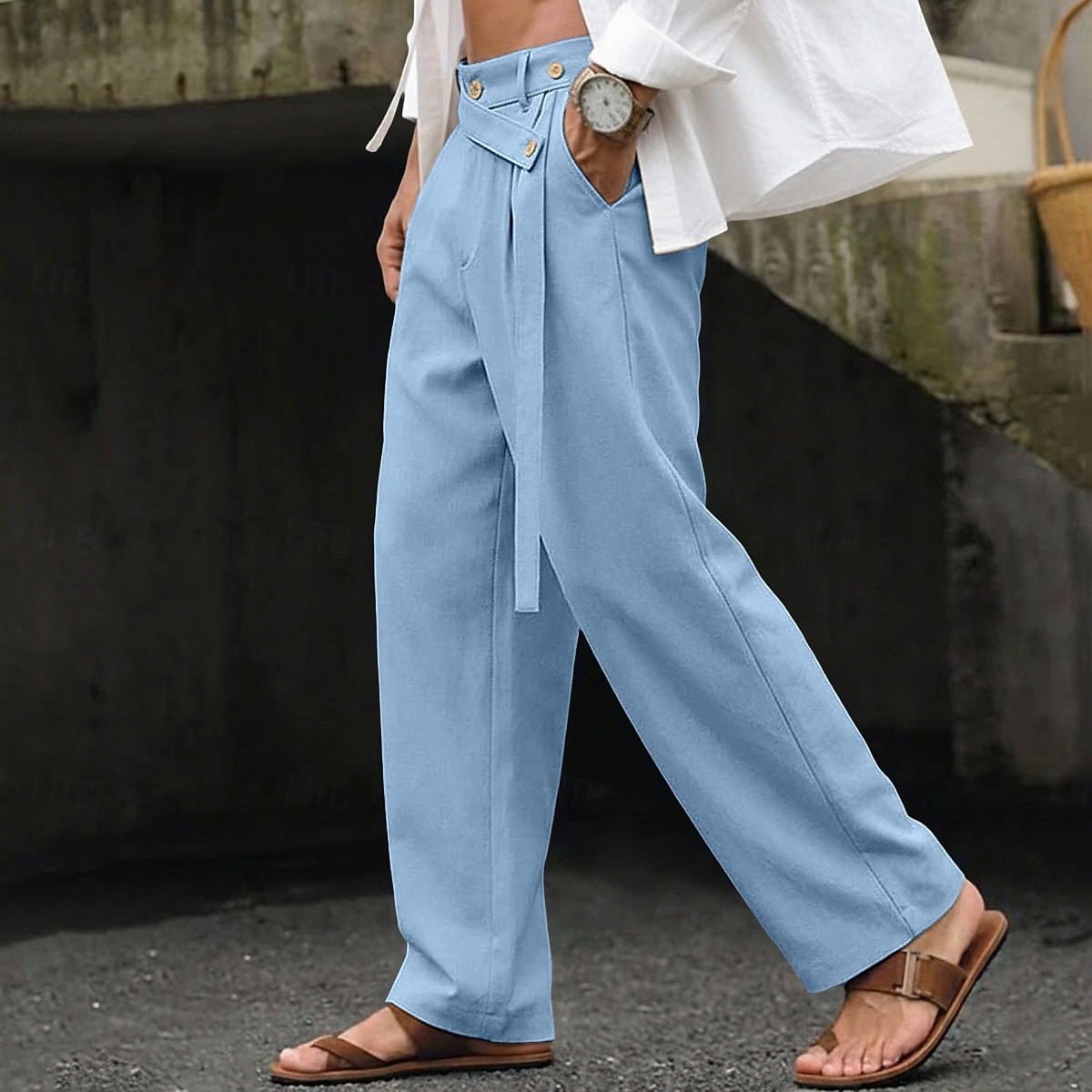 Hombre Pantalones de lino Pantalones Pantalones de verano Pantalones anchos Pierna recta Plano Comodidad Transpirable Longitud total Casual Diario Playa Vacaciones Moda Azul Piscina Negro Rígido 2026 - $26.99 –P7