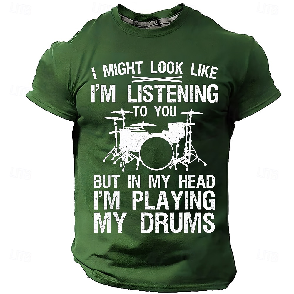 Men's "In My Head I'm Playing My Drums" Funny Drummer Graphic T-Shirt Percussionist Joke Quote Tee Musician Gift Band Practice Gear Distressed Style Casual Short Sleeve Apparel S-3XL 2026 - $21.99 –P2