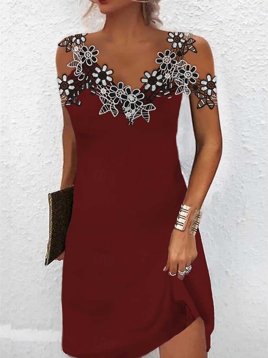 Per donna Mini Abito Abito in Pizzo Abito Bianco Elegante Moda Moderno All'aperto Vacanza Uscire Vestibilità regolare Floreale Senza Maniche Scollo a V Nero Bianco Rosso Estate Primavera del 2026 a $25.99 –P3