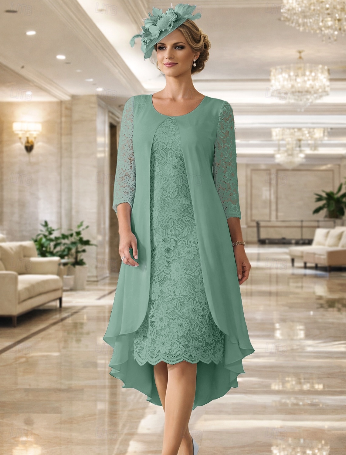 A-Linie Knielang Kleid für Hochzeitsgäste Brautmutterkleid Langarm Juwelenhals Elegant Übergröße Hochzeitsgast Chiffon Spitze mit Spitze 2026 - $172.99 –P8