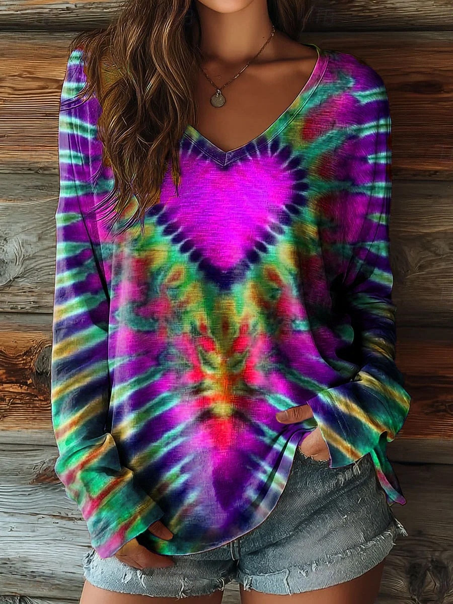 Damen T Shirt Druck Herz Grafik Batik Bohemien Vintage Ethnisch Langarm V Ausschnitt Normale Oberteile Täglich Blau Gelb Rote Purpur Grün Sommer Frühling Herbst 2026 - $26.99 –P7
