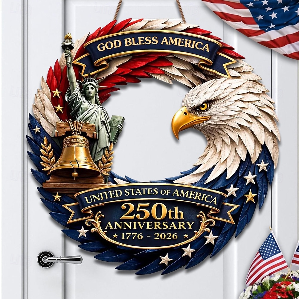 U.S. 250th Anniversary Wood Sign Patriotic Door Hanger, God Bless America Independence Day Decor with Eagle, Liberty Bell & Statue of Liberty, 1776–2026 4th of July Front Door Decoration 2026 - $25.99 –P3
