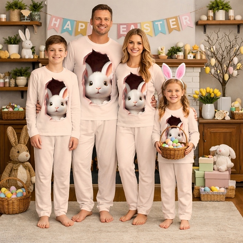 Family Easter Pajamas Graphic Bunny Casual Print Khaki Long Sleeve Vacation Matching Outfits 2026 - $27.99 –P1
