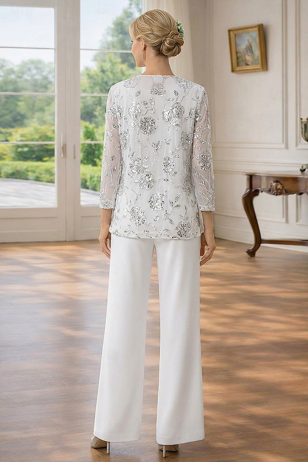 3 Piece Pantsuit Floor Length Mother of the Bride Dress Sleeveless 3/4 Length Sleeve Scoop Neck Elegant Simple Embellished Formal Wedding Guest Formal Evening Chiffon Sequined with Sequin 2026 - $182.99 –P4