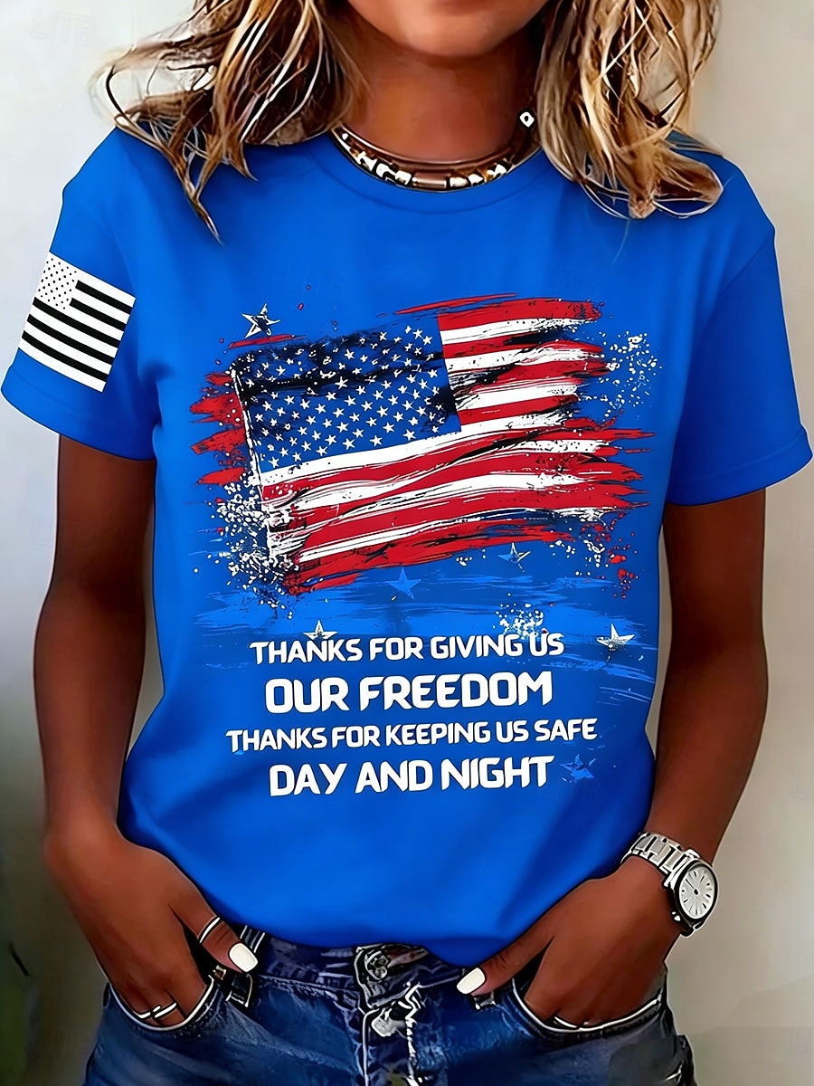 День независимости США Жен. Футболка С принтом Графика Флаг Буквы Винтаж Стиль Классика С короткими рукавами Вырез под горло Обычные топы Повседневные Синий Черный Красный Зеленый Бежевый Лето Весна 2026 - $22.99 –P1