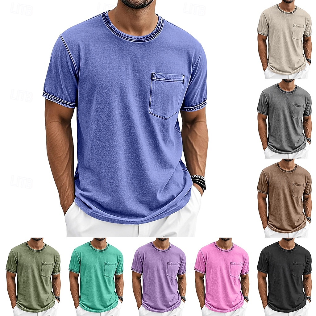 Herre T skjorte 100% bomullssyre-vaskeskjorte Kortermet Crew-hals Sommer Vår Alle årstider Helfarge Enkel Elegant Årgang Nøytral Lomme Plaggfarget Nedtrykt Avslappet Hjem utendørs Lyseblå Svart Brun 2026 - $20.99 –P1