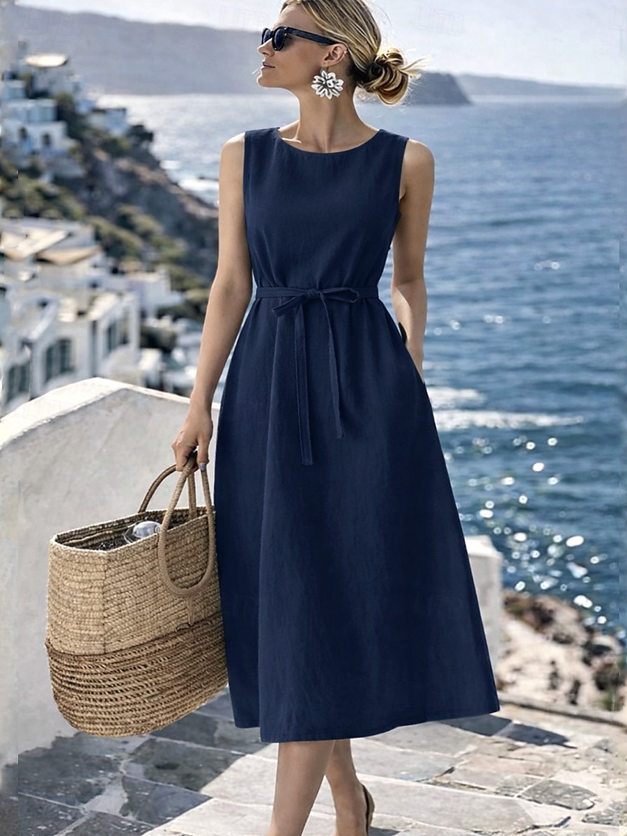 Per donna Abito Midi Finto cotone e lino Abito a trapezio Casual Quotidiano Vestibilità regolare Semplice Senza Maniche Girocollo Blu marino Arancione Beige Grigio Estate Primavera del 2026 a $33.99 –P7
