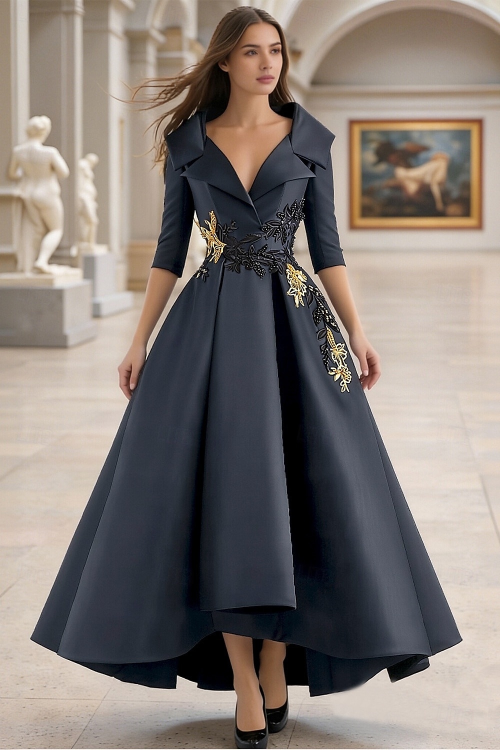 Linha A Longo Vestido formal Vestidos de noite Elegante Manga Longa Decote V Carnaval Formal Bolsos Cetim com Miçangas Apliques de 2026 por $195.99 –P7