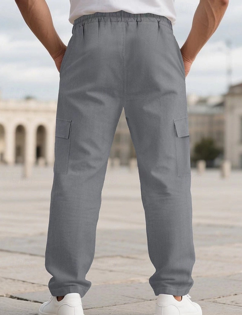 Men's Linen Pants Trousers Summer Pants Beach Pants Drawstring Elastic Waist Solid Color Comfort Breathable Full Length Daily Outdoor Beach Vacation Fashion Black White Inelastic 2026 - $22.99 –P11