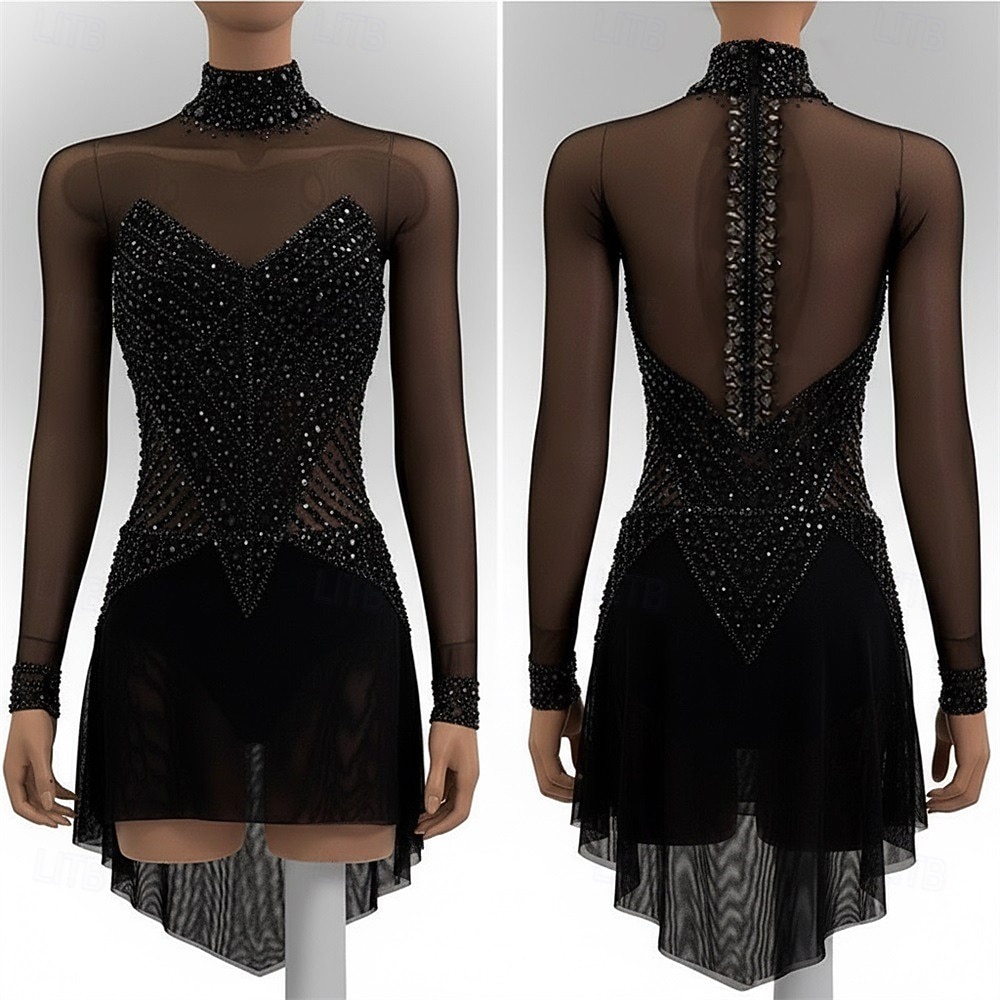 Abito da pattinaggio artistico Per donna Pattinaggio sul ghiaccio Vestito Nero Patchwork Orlo asimmetrico Elasticizzato Allenamento Competizione Vestiti da pattinaggio sul ghiaccio Classico Cristallo del 2026 a $250.39 –P1