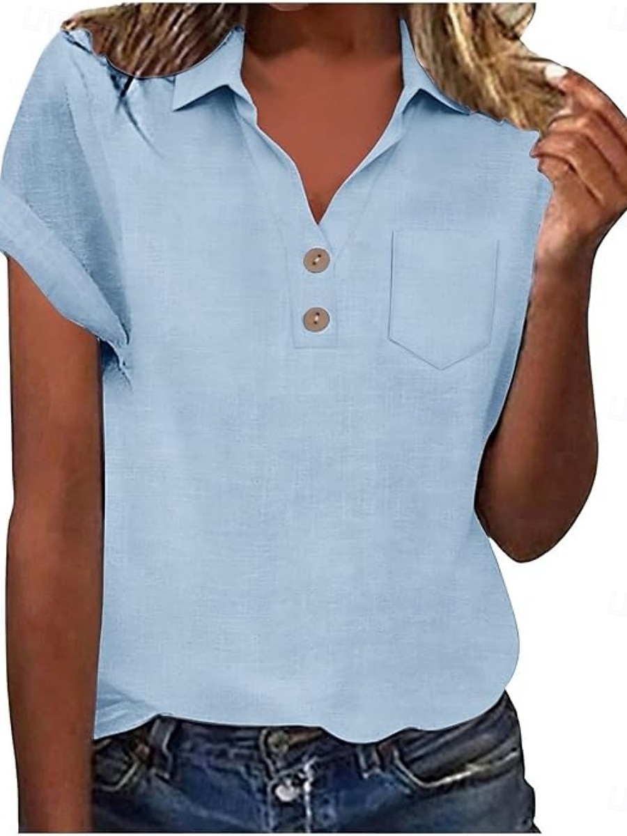 Women's Shirt Blouse Cotton Shirt Buttons Solid Color Vintage Classic Modern Short Sleeve Shirt Collar Regular Tops Daily Holiday Going out White Yellow Navy Blue Sky Blue Light Blue Summer Spring 2026 - $22.99 –P2
