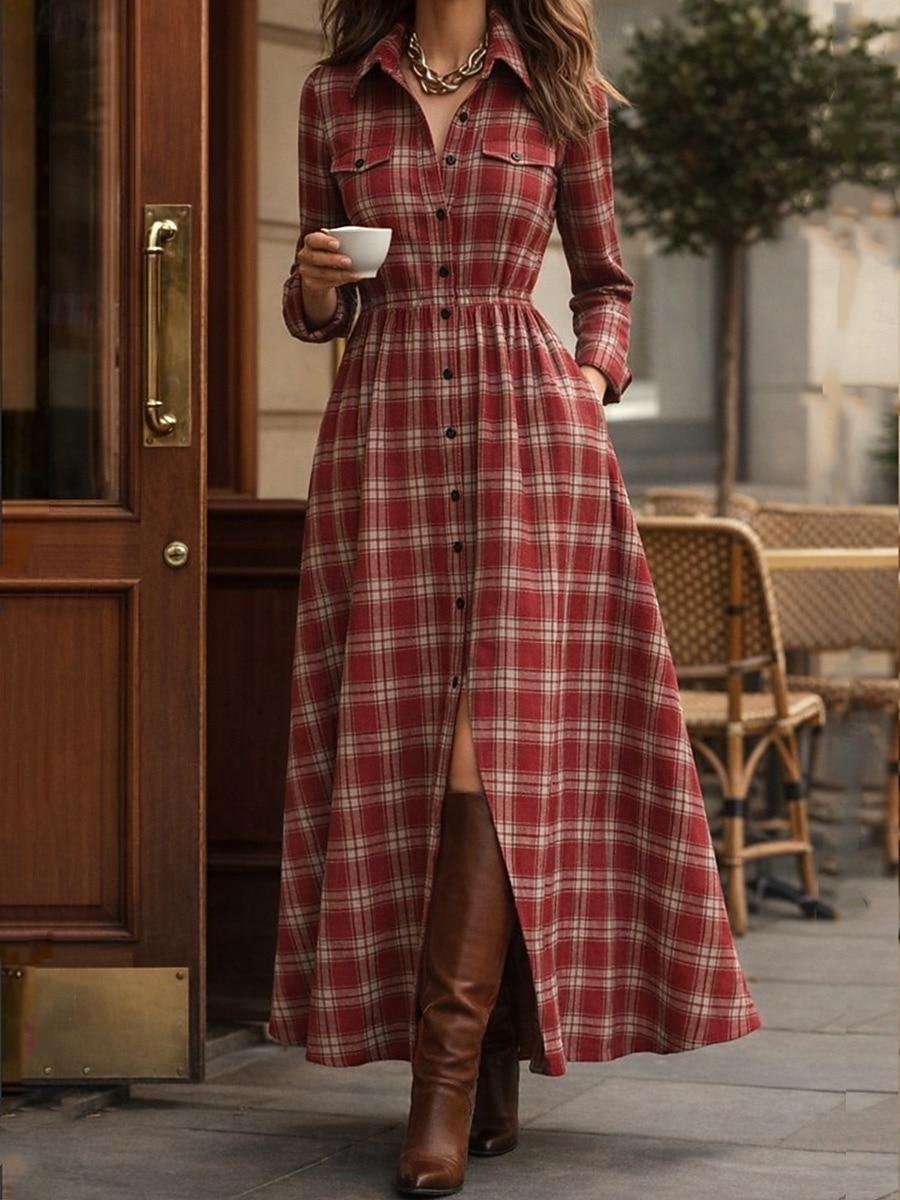 Damen Maxikleid Shiftkleid Urlaub Lässig Boho Täglich Normale Passform Karomuster Langarm Hemdkragen Blau Gelb Rosa Rote Frühling Herbst Winter 2026 - $58.99 –P3