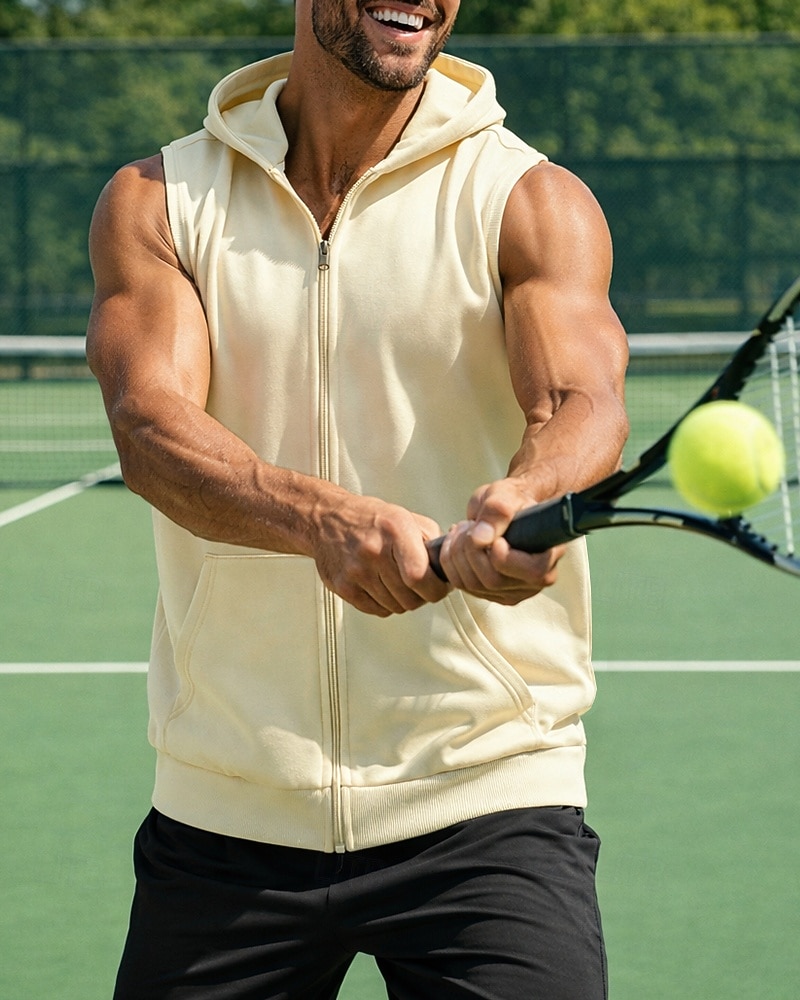 Herre Ensfarget Treningstank topp Sportstopp Ermeløs Ta igjen glidelåsen Med hette Hurtigtørkende Stretch Fukttransport Pustende Tennis Golfsko Pickleball Med hette Vest Mørkegrå Svart Rød Tennis klær 2026 - $23.99 –P5
