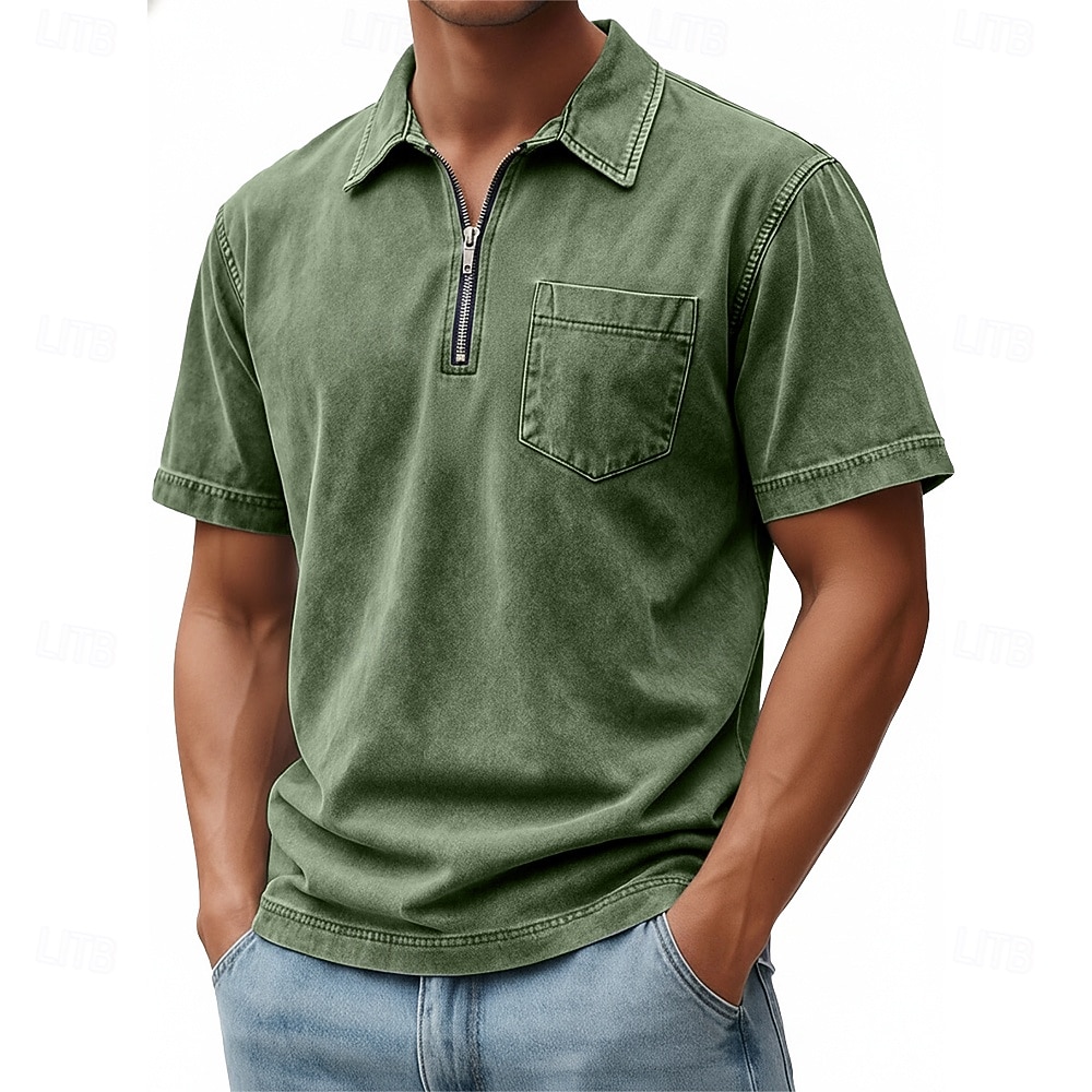 SoftFade™ Miesten Vetoketjullinen Polo 100% Puuvillaa Happopesu Paita Rentoa Päivittäinen Käyttö Neljännes Vetoketju Lyhythihainen Muoti Perus Yksinkertainen Denim Tasku Haalistunut Kesä Kevät 2026 - $31.99 –P9