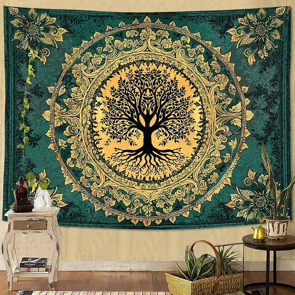 misztikus életfa mennyei ősi fa izzó arany gyökerek galaxis csillagos éjszaka kék csillogó csillagpor fal gobelin hálószoba nappali kollégiumi dekoráció meditáció háttér 2026 - $19.99 –P5