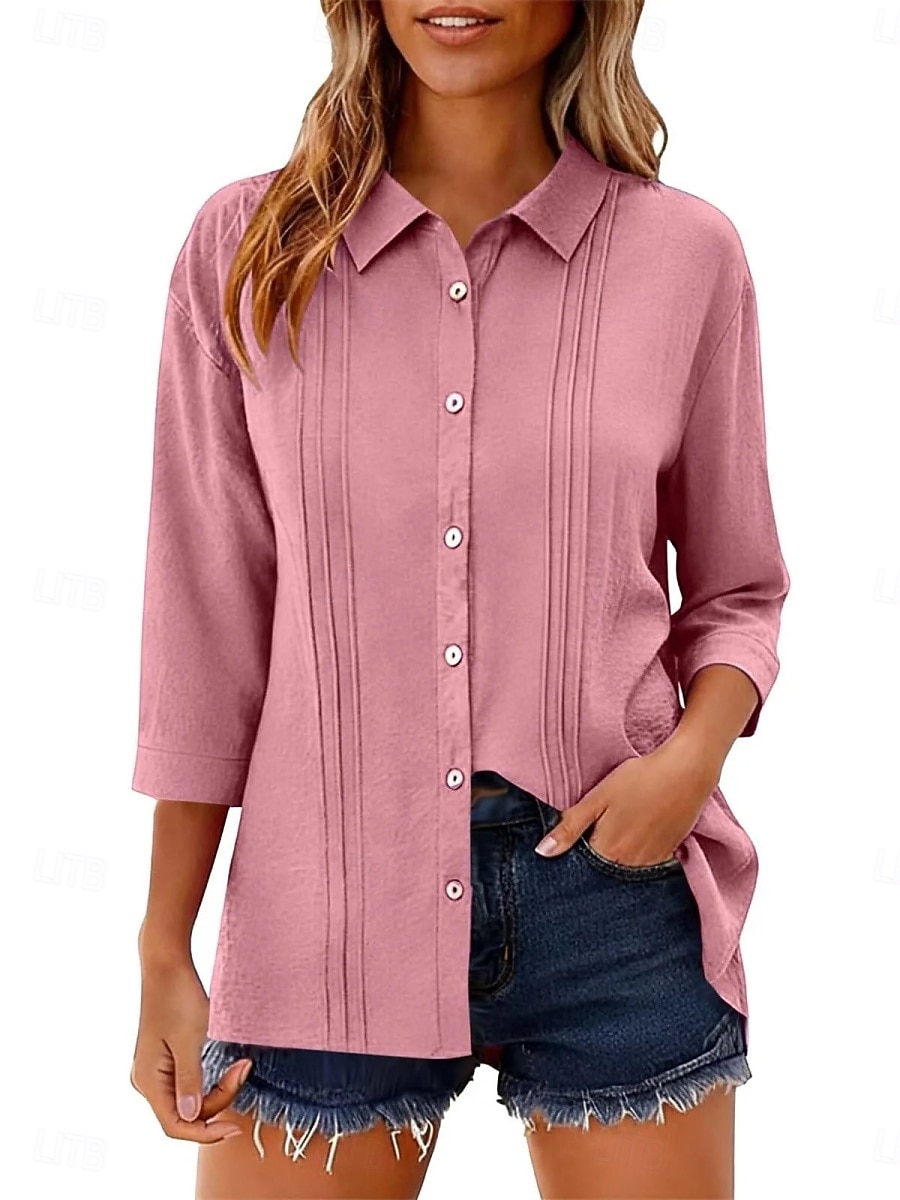 Per donna Camicia Blusa Camicia di cotone Arricciato Bottoni Tinta unica Elegante Classico Moderno Manica Lunga Colletto a Camicia Top Regolari Quotidiano Ferie Uscire Nero Bianco Giallo Rosa Vino del 2026 a $27.99 –P10