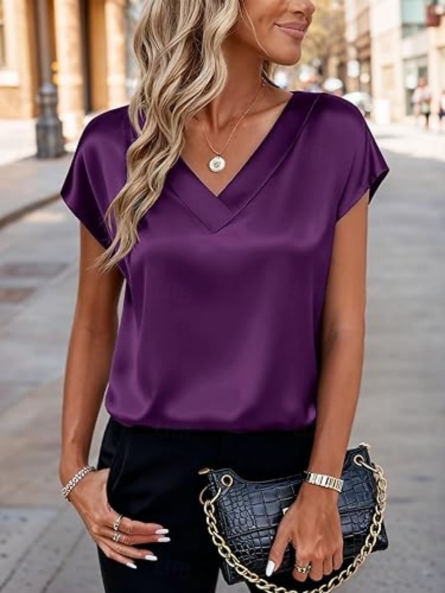 Damen Satin-Top Bluse Einfarbig Stilvoll Basic Lässig Kurzarm V Ausschnitt Normale Oberteile Täglich Blau Schwarz Weiß Champagner Rote Sommer Frühling Herbst 2026 - $19.99 –P19