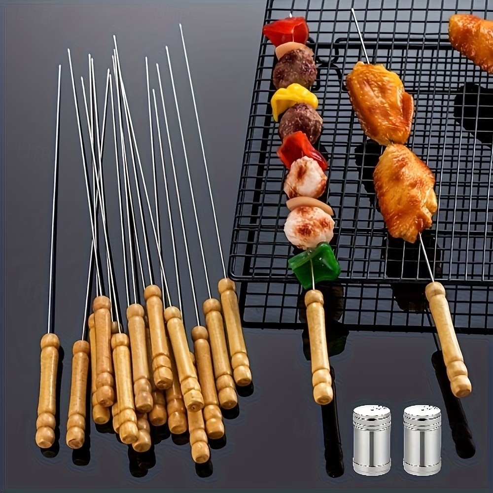 20 stuks barbecuespiesen, multifunctionele roestvrijstalen spiesen met houten handvatten, barbecueprikkers, benodigdheden voor buitenkoken en barbecueën van kippenvleugels en ander vlees. 2026 - $11.99 –P1