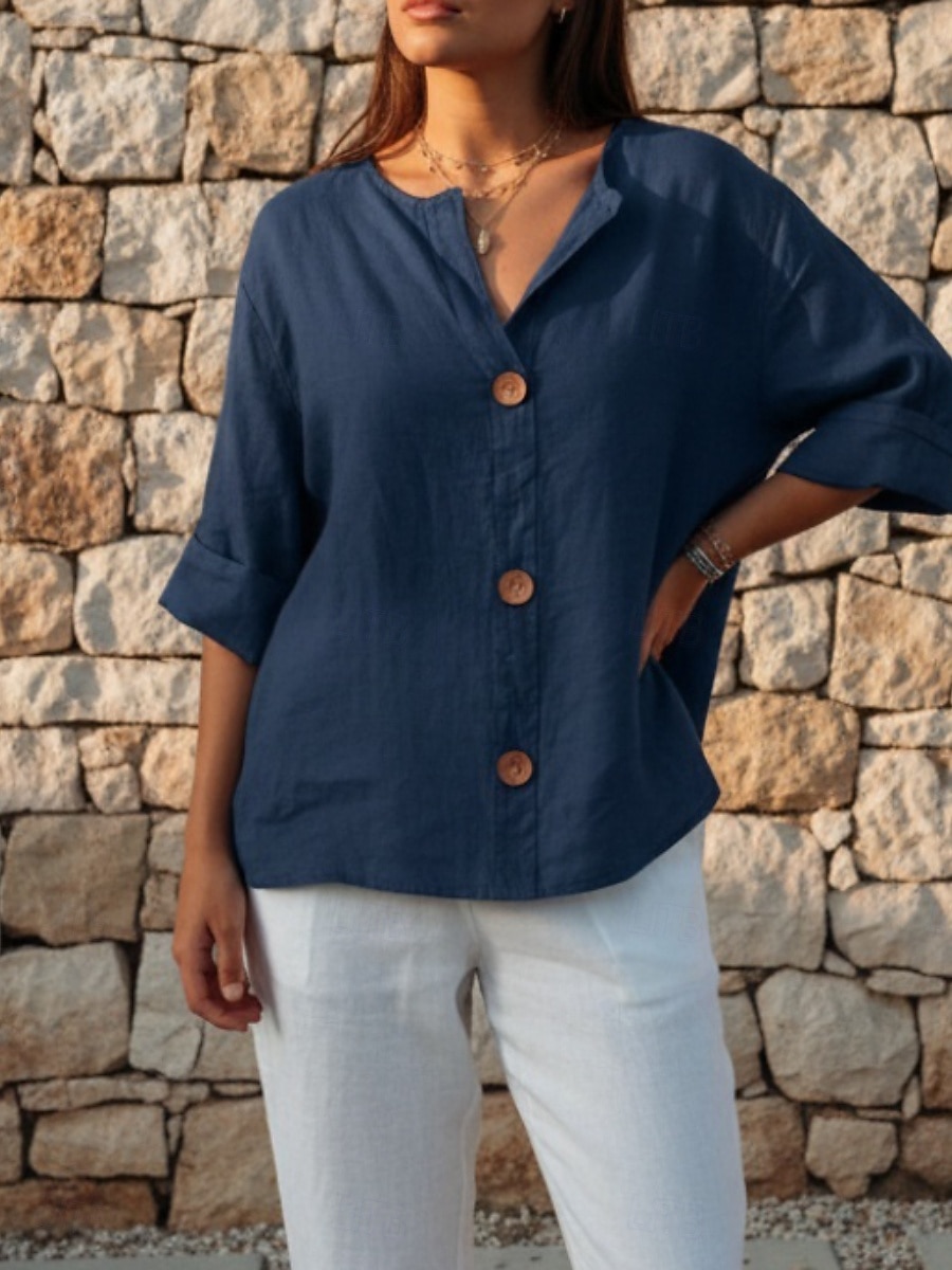 Per donna Camicia Camicie di cotone e lino Blusa Bottoni Semplice Elegante Mezza Manica Scollo a V Top Regolari Quotidiano Ferie Uscire Nero Bianco Giallo Blu marino Arancione Estate Primavera del 2026 a $14.99 –P8