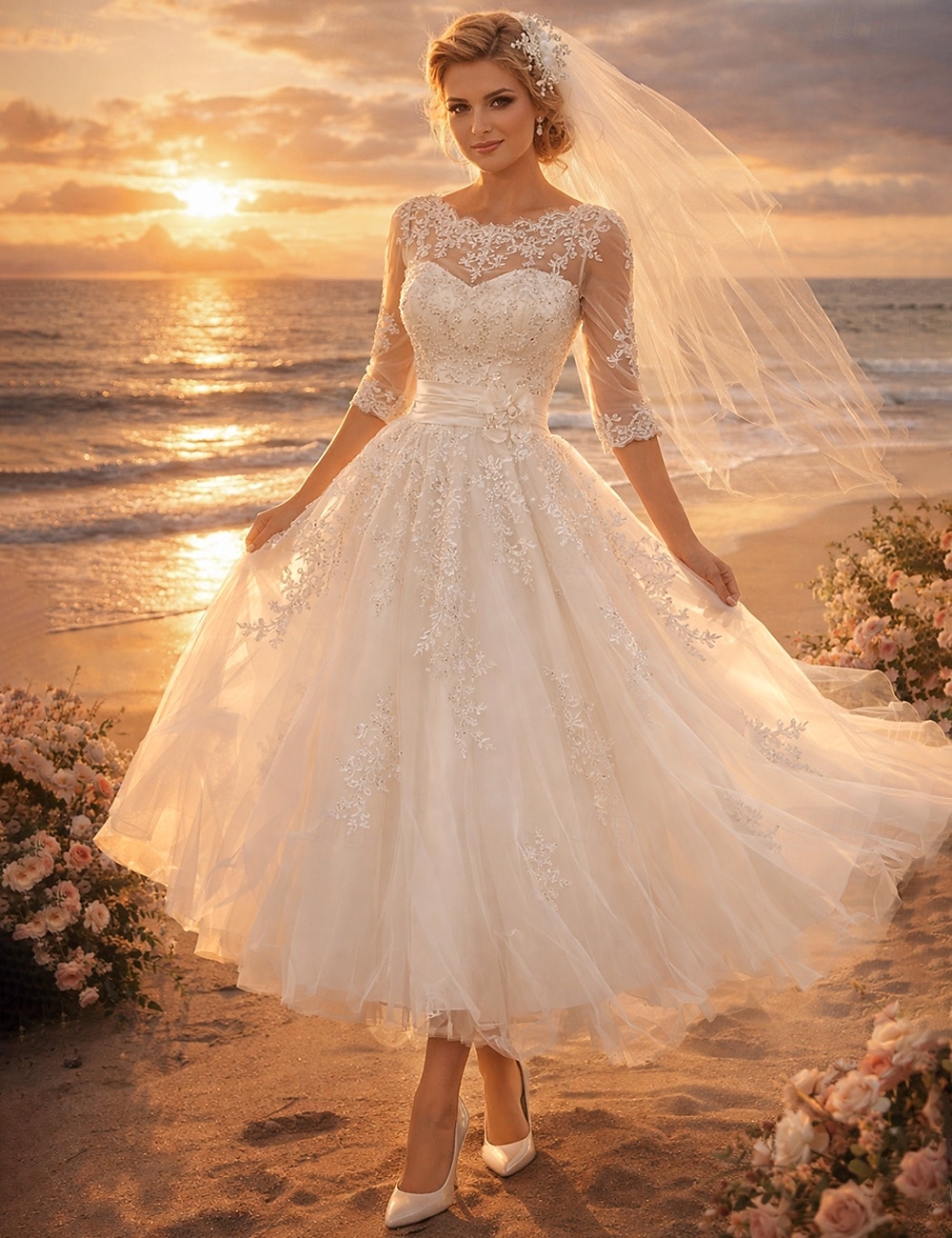 A-Linie Tee-Länge Hochzeitskleider Brautkleider Brautkleid Vintage 1940er / 1950er Kleine Weiße Kleider Dreiviertelarm Illusionsausschnitt Abschlussfeier Geburtstag Spitze Tüll mit Applikationen 2026 - $183.99 –P1