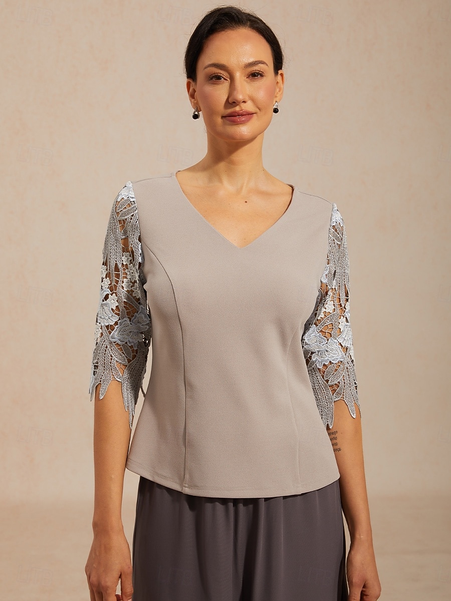 Women's Blouse Lace Tops Lace Floral Elegant Short Sleeve V Neck Daily Wedding Guest Gray Summer Spring Fall 2026 - $49.99 –P1
