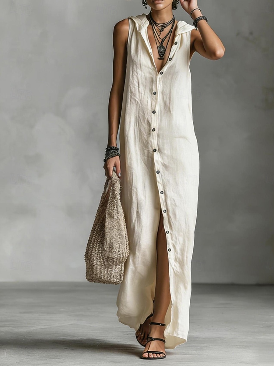 Women's Maxi Dress Linen-feel Dresses Shirt Dress Casual Dress Cotton Linen Dress Elegant Fashion Modern Outdoor Vacation Going out Regular Fit Plain Sleeveless Hooded Black Dusty Rose Navy Blue 2026 - $39.99 –P1