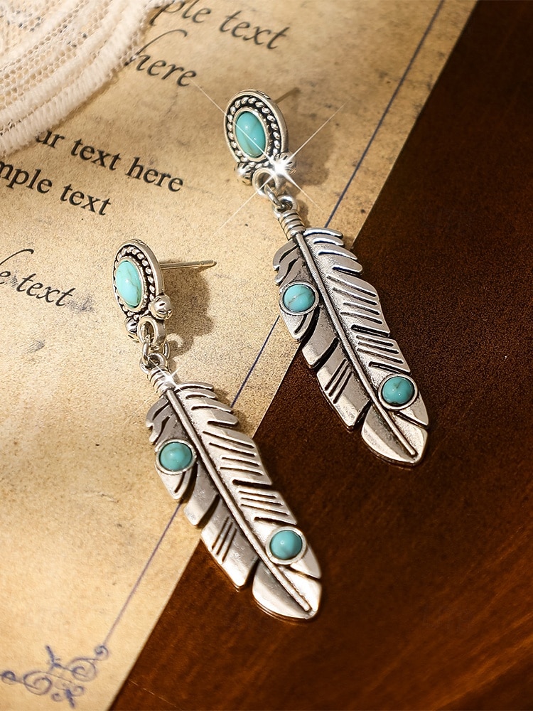 Pendientes colgantes de hoja turquesa de aleación estilo boho para mujer, pendientes llamativos de plumas de estilo western vintage para uso casual, viajes, vacaciones y estilo resort. 2026 - $7.99 –P4