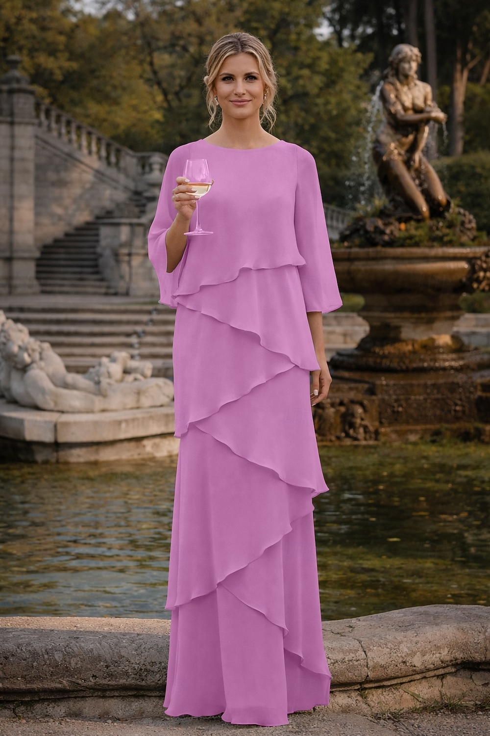 Schlauchkleid Bodenlang Kleid für Hochzeitsgäste Abendkleid Brautmutterkleid Dreiviertelarm Rundhalsausschnitt Elegant Formell Chiffon mit Rüschen 2026 - $89.99 –P15