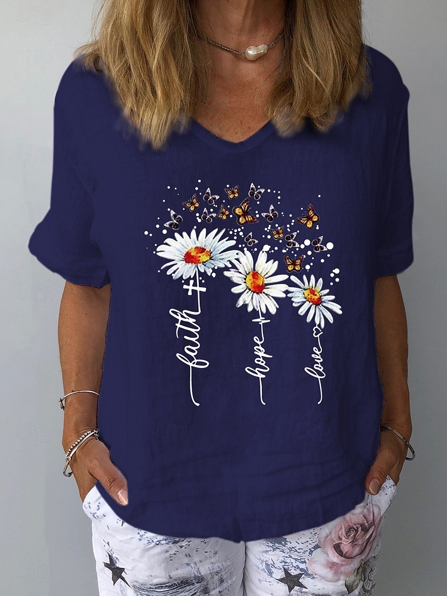 Damen Leinenhemd T Shirt T-Shirt Druck Blumen Grafik Mode Klassisch Lässig Kurzarm V Ausschnitt Normale Oberteile Täglich Ausgehen Wochenende Weiß Gelb Marineblau Grau Leicht Blau Sommer Frühling 2026 - $19.99 –P6