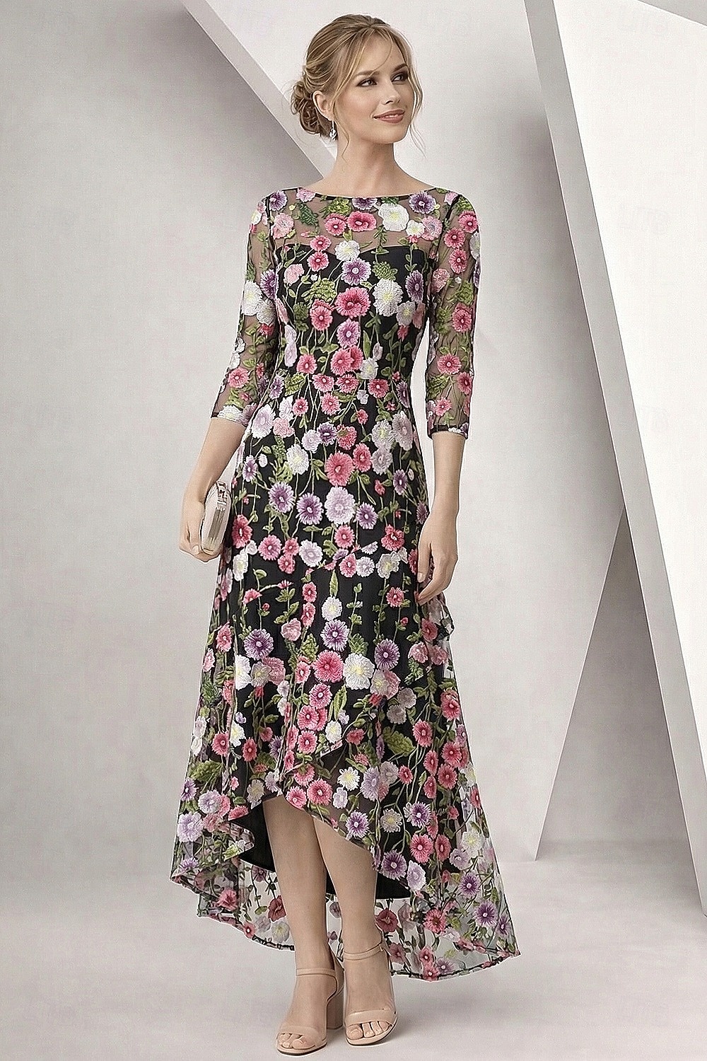 A-Line Dress High-low Dress Ankle Length Cocktail Dress Mother of the Bride Dress 3/4 Length Sleeve Boat Neck Elegant Simple Formal Wedding Guest Semi Formal with Ruffles Embroidery Appliques 2026 - $205.89 –P5