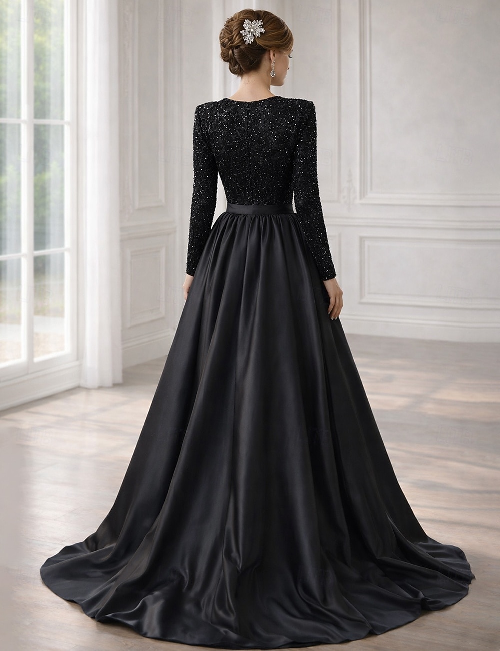 Vestido de Gala Hasta el Suelo Trajes de gala Vestidos de noche Corte Cenicienta Vestimenta formal Brillos Y Estrellas Manga Larga Escote en Pico Invitado a la boda Fiesta de Boda Bolsillo Satén con 2026 - $164.99 –P2