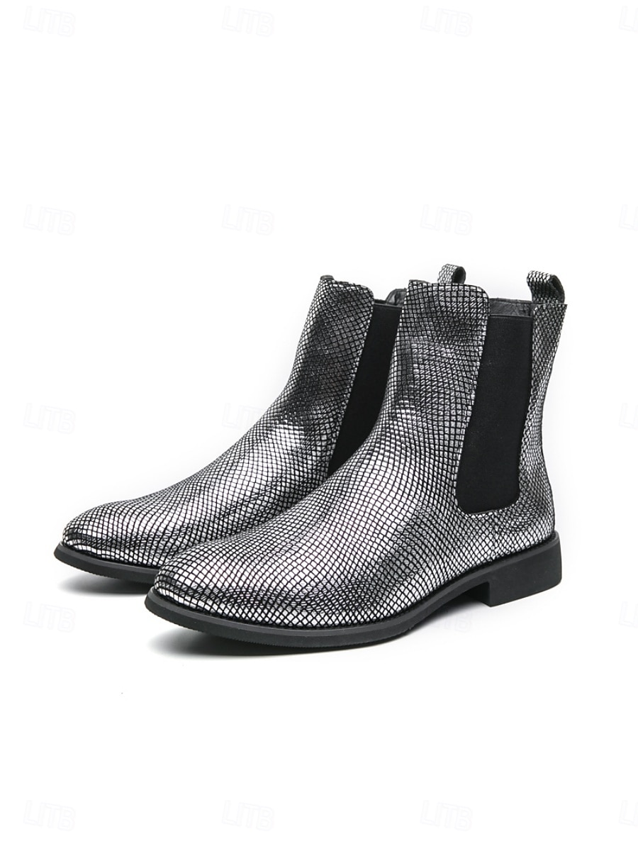 Metallic zilveren Chelsea boots voor heren met spitse neus, modieuze enkellaarsjes voor muziekfestivals, podiumoptredens, concerten, feestjes, streetstyle en opvallende mode-looks. 2026 - $59.99 –P10