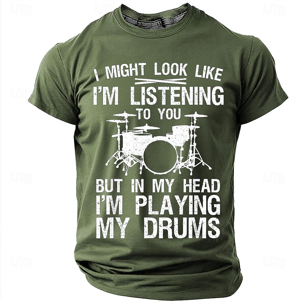 Men's "In My Head I'm Playing My Drums" Funny Drummer Graphic T-Shirt Percussionist Joke Quote Tee Musician Gift Band Practice Gear Distressed Style Casual Short Sleeve Apparel S-3XL 2026 - $21.99 –P7