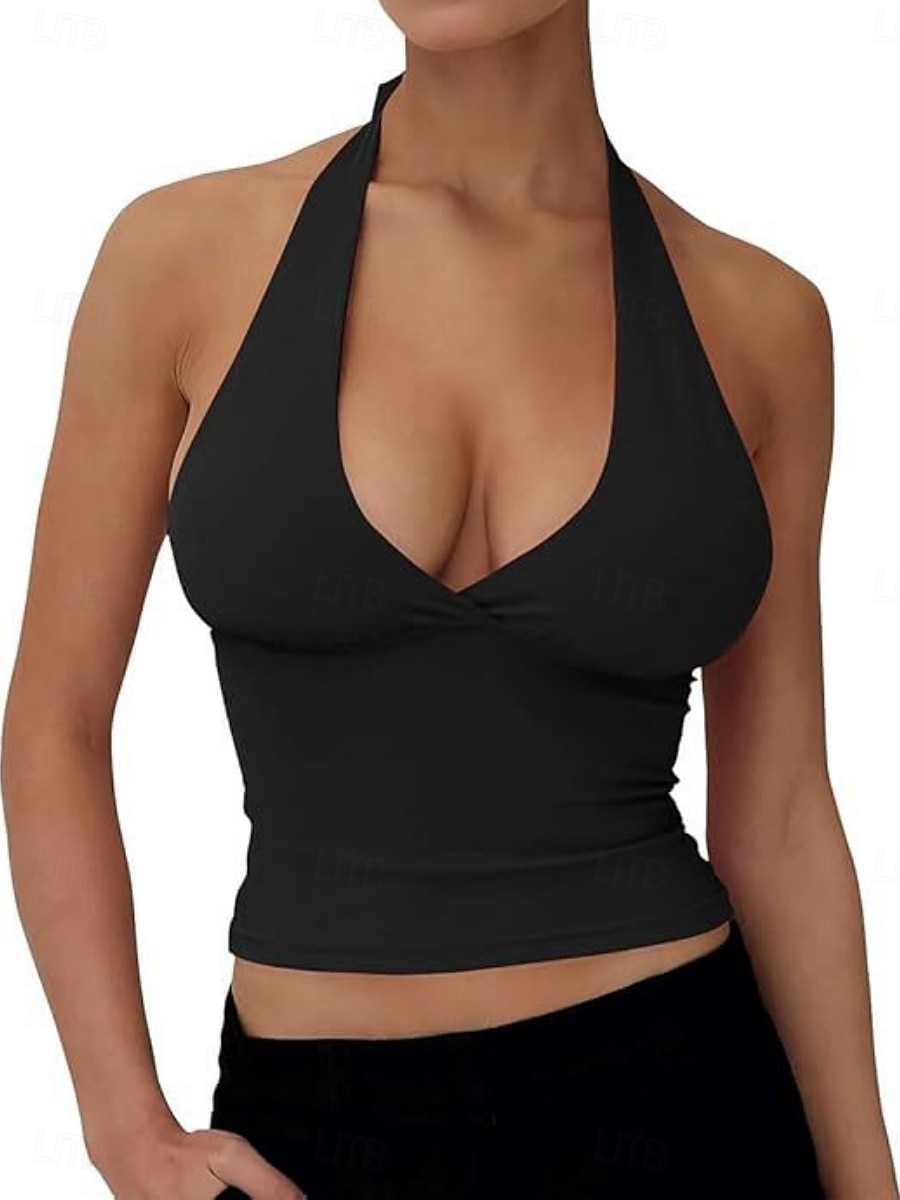 Per donna Canotta All'americana Maglietta senza maniche Maglietta Senza schiena Tinta unica Grafico Semplice Moda Classico Casual Senza Maniche Scollo a V Top corti Quotidiano Uscire Weekend Nero del 2026 a $12.99 –P2