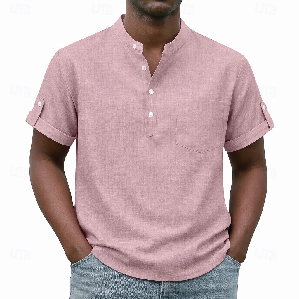 Men's Shirt Popover Shirt Casual Shirt Button Up Shirt Light Pink Black Yellow Light Green Pink Short Sleeve Plain Grandad Collar Casual Daily Clothing Apparel Elegant Fashion Casual 2026 - $26.99 –P8