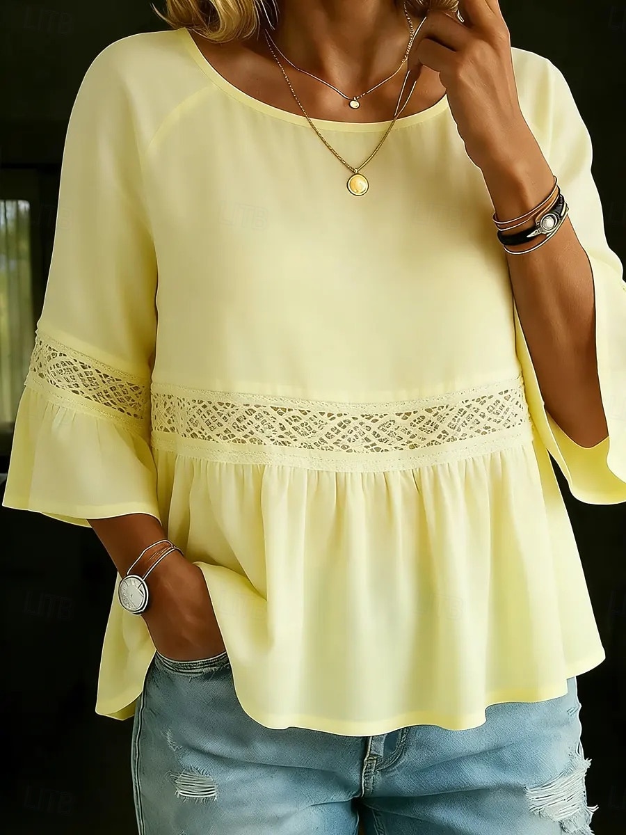Per donna Blusa Volant Traforato Tinta unica Lussuoso Casual Manica 3/4 Girocollo Top Regolari Quotidiano Bianco Giallo Verde chiaro Rosa Viola chiaro Estate Primavera Autunno del 2026 a $25.99 –P3
