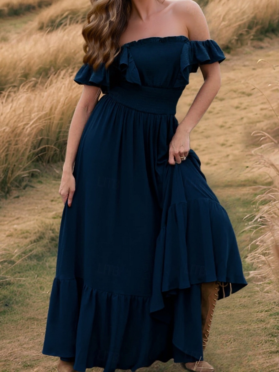 Dam Maxiklänning Vardagsklänning Elegant Vintage Mode Utomhus Strand Semester Normal Slät Kortärmad Över axeln Blå Rubinrött Grön Aprikos Sommar Vår 2026 - $43.99 –P8
