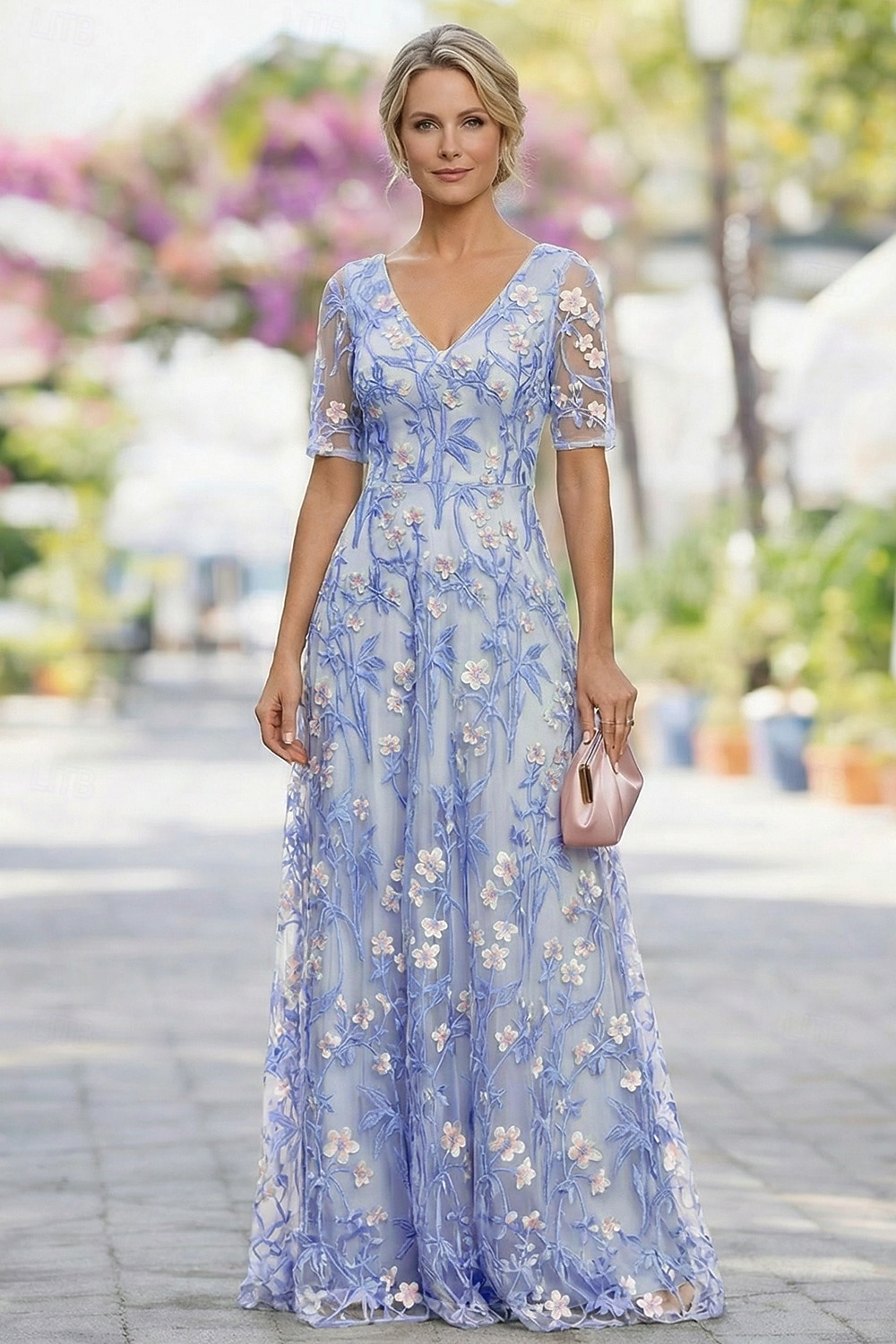 Linea ad A Lunghezza al pavimento Abito da cerimonia per signora Manica Corta Mezza Manica Scollo a V Elegante Vintage Abbellito Formale Ospite di nozze Ricevimento di matrimonio Pizzo Tulle con del 2026 a $182.99 –P1
