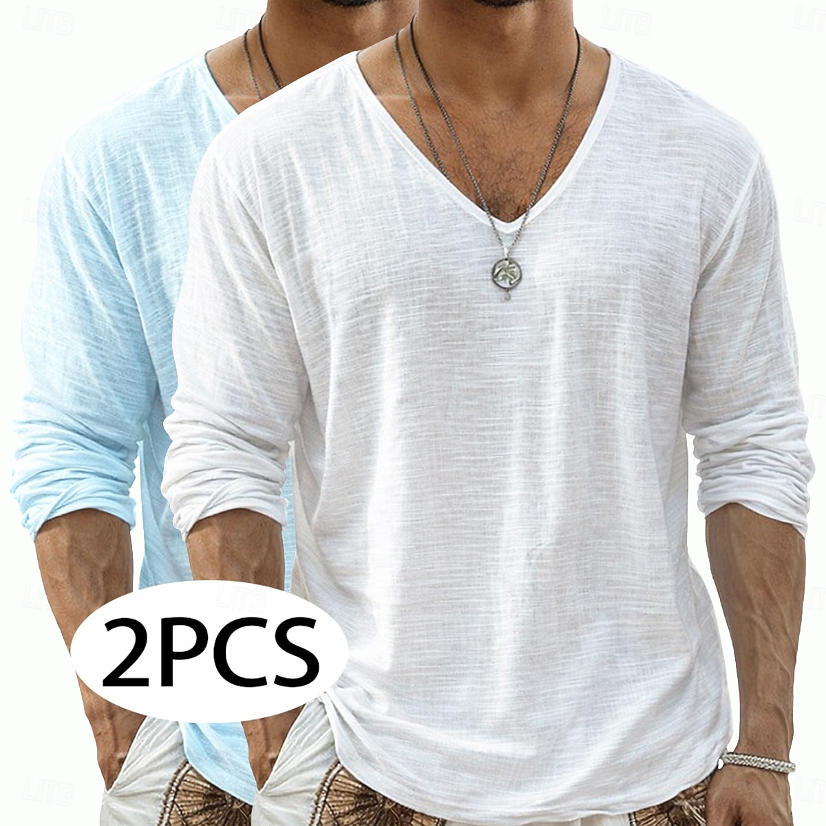 2 st herrtröja i linne med lång ärm, v-ringning, sommar, vår, vår &sommar enfärgad enfärgad daglig avslappnad gatustil 2-delad enfärgad flerpack avslappnad utomhus gatustil rosa lila rosa grön topp 2026 - $34.99 –P1