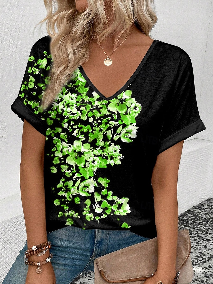 Mujer Camiseta Estampado Floral Graphic Vintage Elegante Clásico Manga Corta Escote en Pico Tops regulares Diario Fin de semana Ropa de vacaciones Azul Piscina Rojo Morado Verde Trébol Verano 2026 - $21.99 –P2
