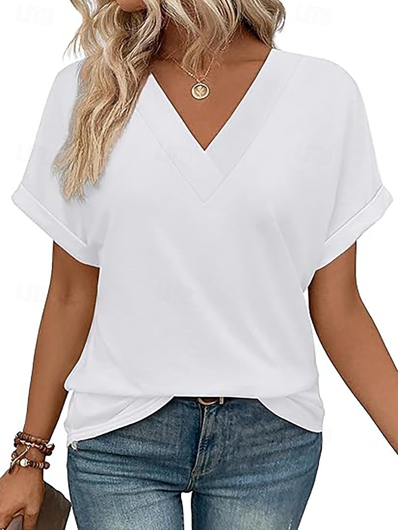 Per donna Maglietta Semplice Moda Elegante Classico Manica Corta Scollo a V Top Regolari Quotidiano Uscire Weekend Blu Nero Bianco Rosso Estate Primavera del 2026 a $21.99 –P1