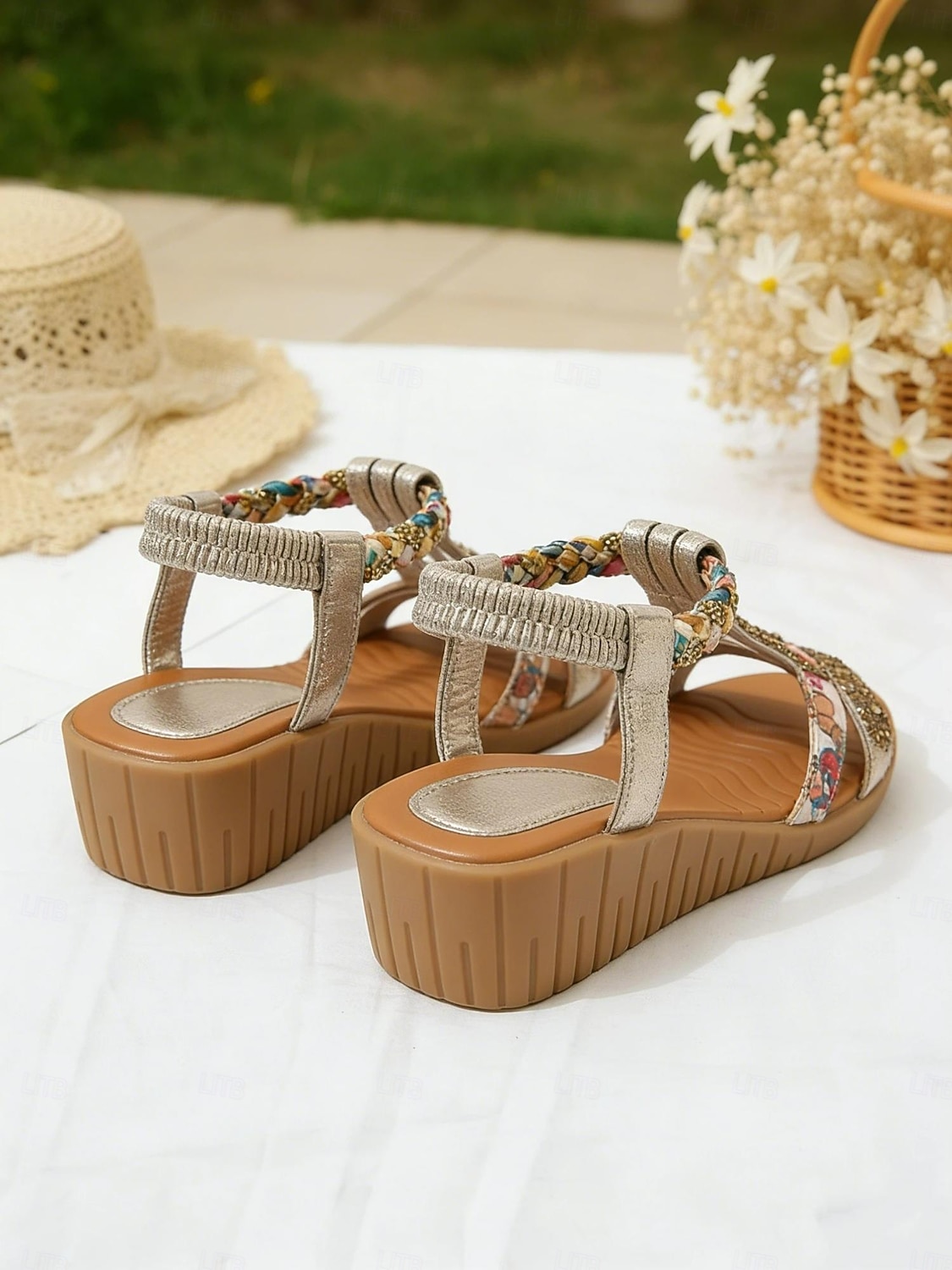 damskie sandały na koturnie z ozdobami z kryształków – wygodne elastyczne paski i kwiatowe wzory na co dzień, latem 2026 - $26.99 –P2