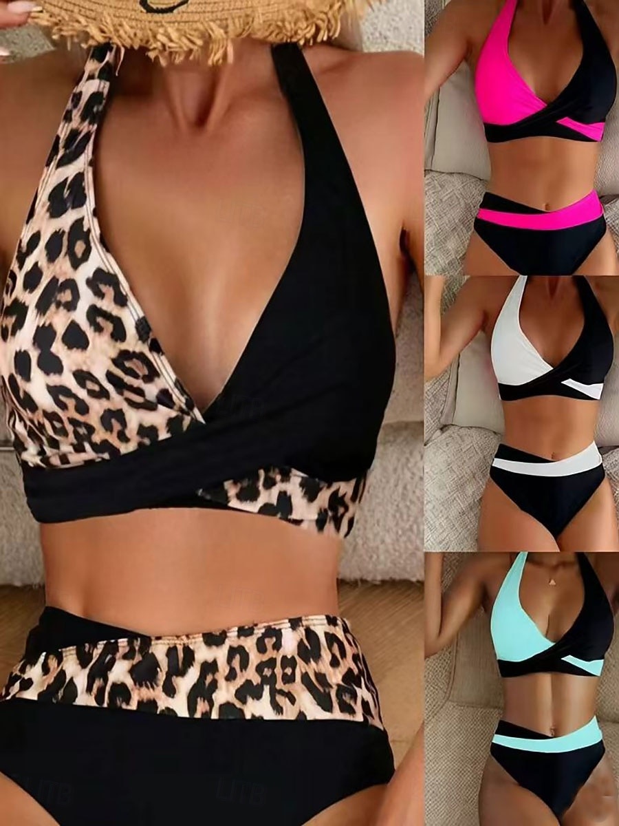 Damen Badeanzug Bikini Zweiteilig Hohe Taillenlinie Bademode Gerafft Rückenfrei Urlaub Strandbekleidung Leopard Farbblock Neckholder Ärmellos Badeanzüge 2026 - $22.99 –P1