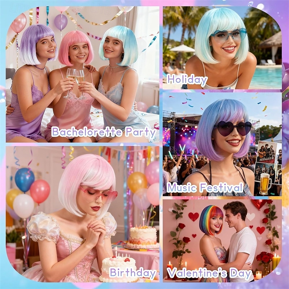 Blue Purple Ombre Bob Wig with Bangs, Colorful Short Funny Bob Wigs Cosplay Hairpieces for Halloween Costume Party Heat Temperature Synthetic Fiber for Women Men 2026 - $26.99 –P3
