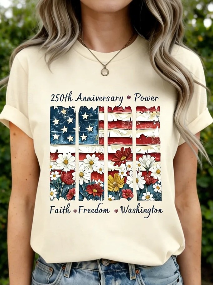 American Independence Day Women's T Shirt Print Graphic Letter American Flag Stylish Classic Casual Short Sleeve Crew Neck Regular Tops Daily Black White Red Navy Blue Beige Summer Spring 2026 - $22.99 –P5