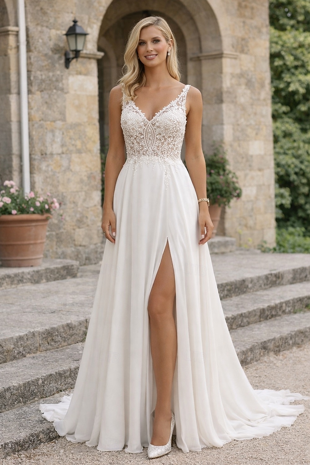 Свадебные Платья На Пляже L-образной Формы V Вырез Без Рукавов Длинного Пола Шифон Невесты С Аппликациями Разрез Спереди 2026 - $241.49 –P3