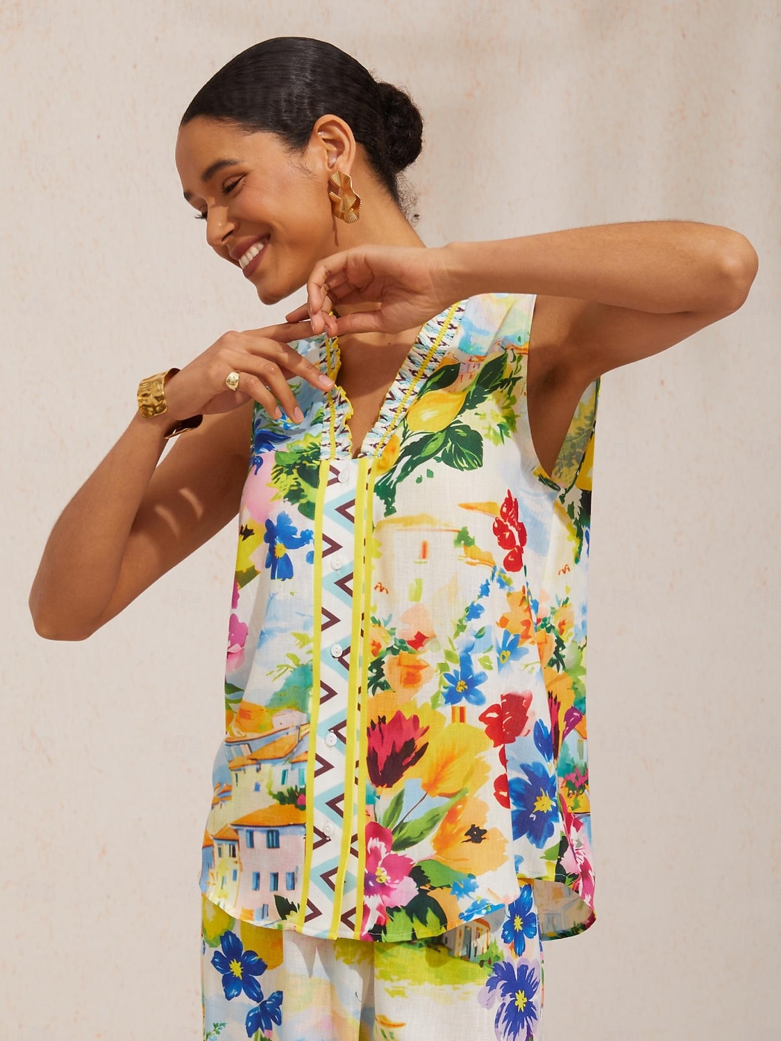 Luftig ärmlös topp i linne-look med citrusträdgård och semestermönster 2026 - $56.99 –P1