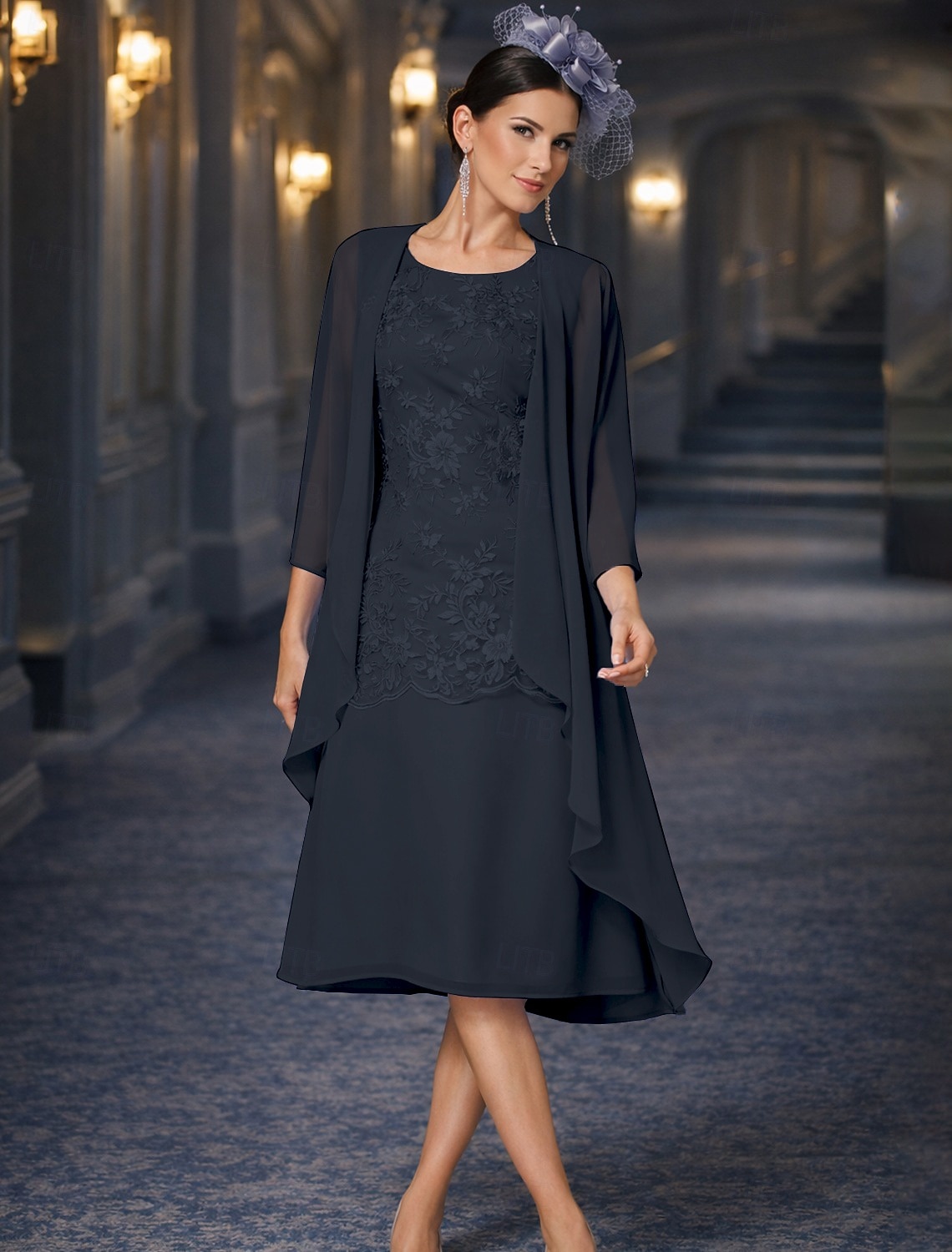 שני חלקים מעטפת עמוד באורך הקרסול שמלת אורח לחתונה שמלה לאם הכלה  ללא שרוולים עם תכשיטים אלגנטית אורחת חתונה מסיבת החתונה שיפון תחרה שמלות ז'קט עם אפליקציות 2026 - $146.99 –P15